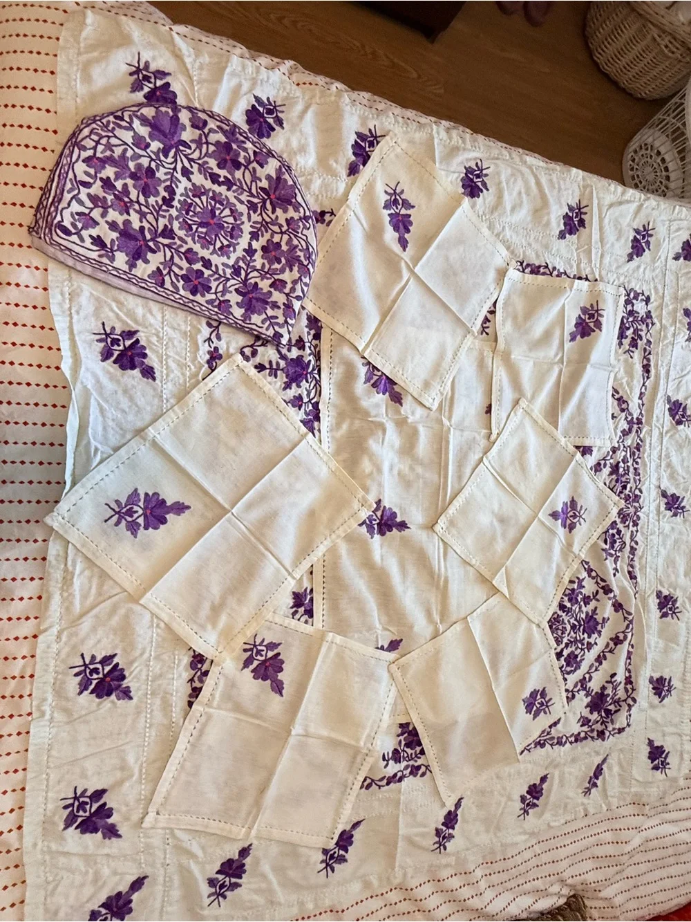 Embroidered Cream Table Linen with Violet Floral Design